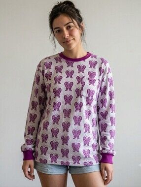 Supreme 2018 Purple Butterfly Jacquard Long Sleeve T-Shirt sz Medium 100 Cotton
